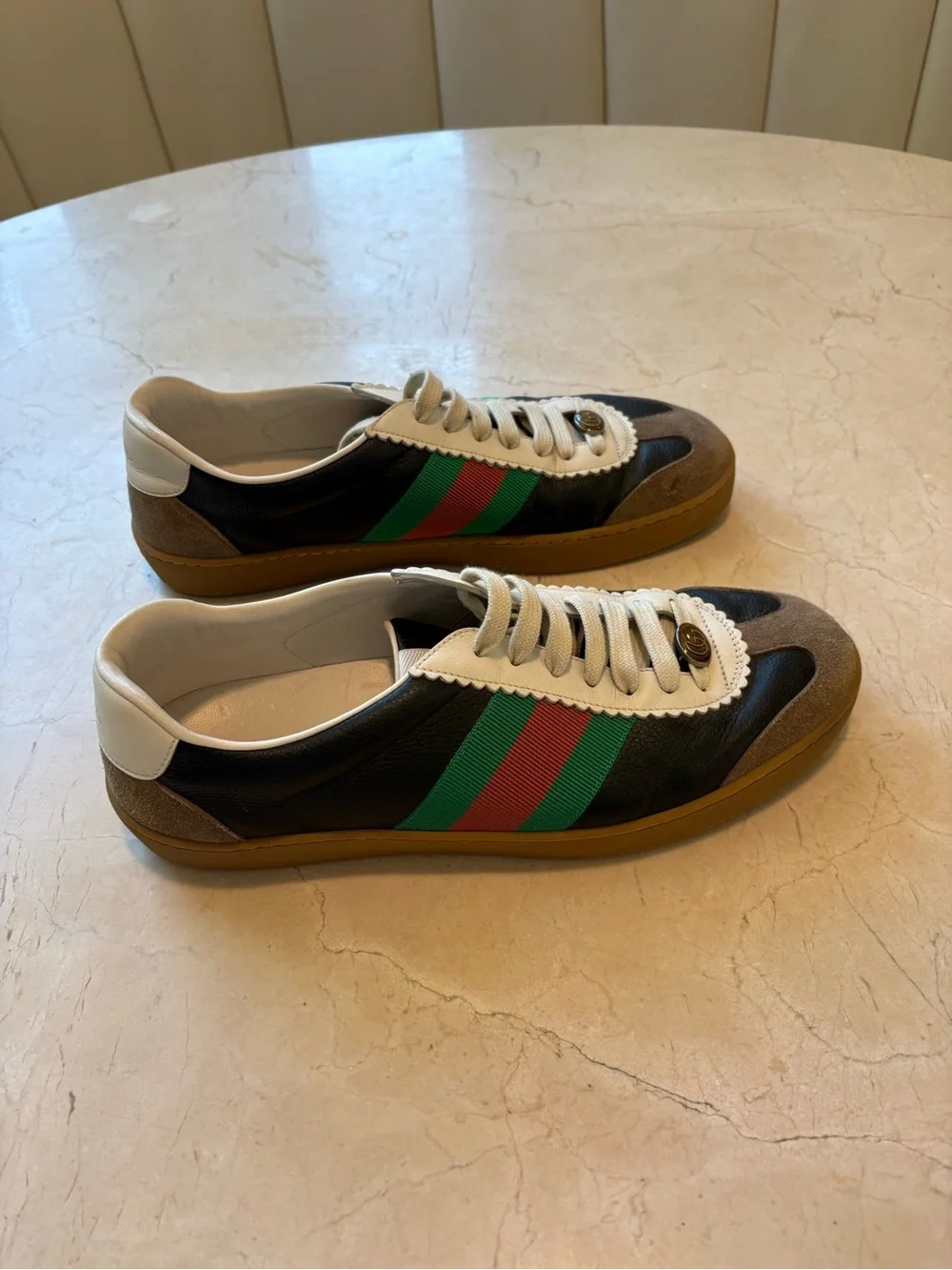 Gucci G74 Black Leather Sneakers with Green & Red Web Stripe
